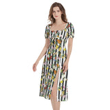 Butterfly Print Puff Sleeve Split Thigh Midi Dress - Objet D'Art