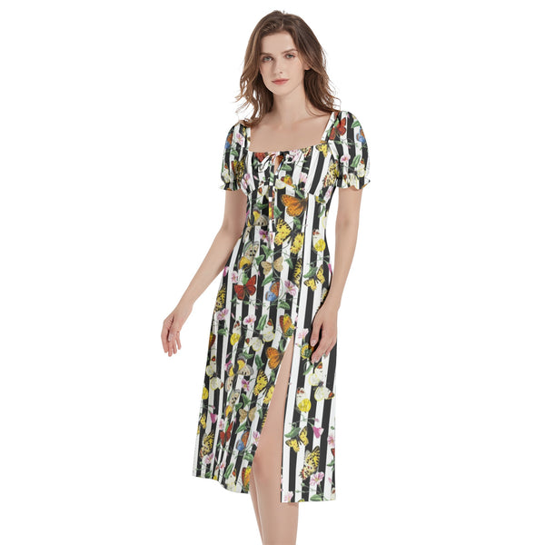 Butterfly Print Puff Sleeve Split Thigh Midi Dress - Objet D'Art