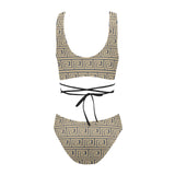 light brown greek key print 78 Cross String Bikini Set (Model S29) - Objet D'Art