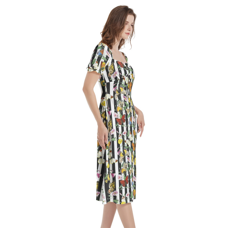 Butterfly Print Puff Sleeve Split Thigh Midi Dress - Objet D'Art