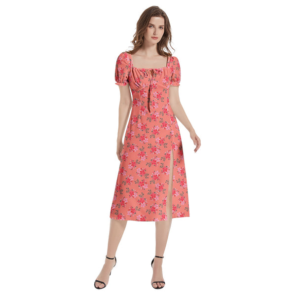 Water Floral Puff Sleeve Split Thigh Midi Dress - Objet D'Art
