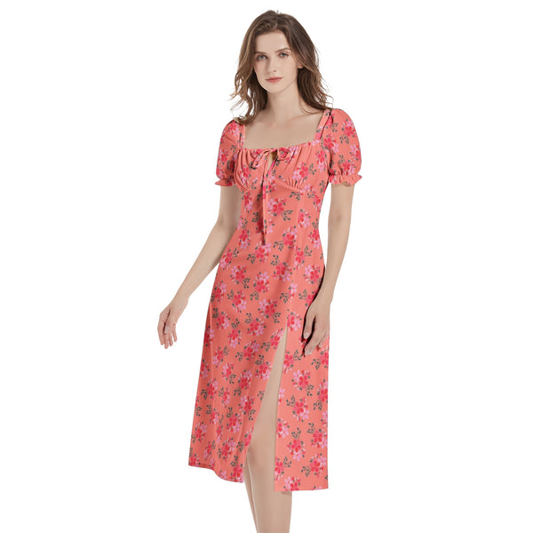 Water Floral Puff Sleeve Split Thigh Midi Dress - Objet D'Art