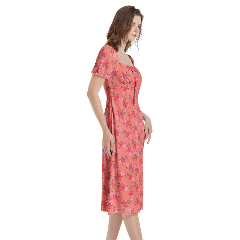 Water Floral Puff Sleeve Split Thigh Midi Dress - Objet D'Art