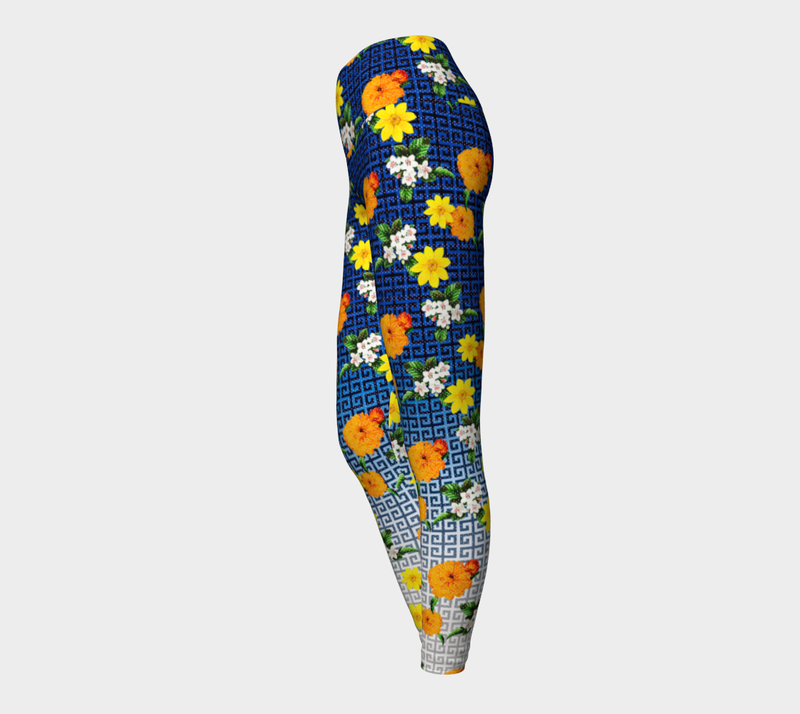 Greek Key Floral Lattice Yoga Leggings - Objet D'Art