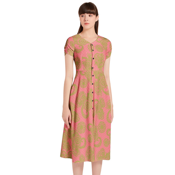 Dark Pink and Green Puff Sleeve Button Through Dress - Objet D'Art