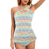 greek key print 2 A C Women's One Shoulder Backless Swimsuit (Model S44) - Objet D'Art