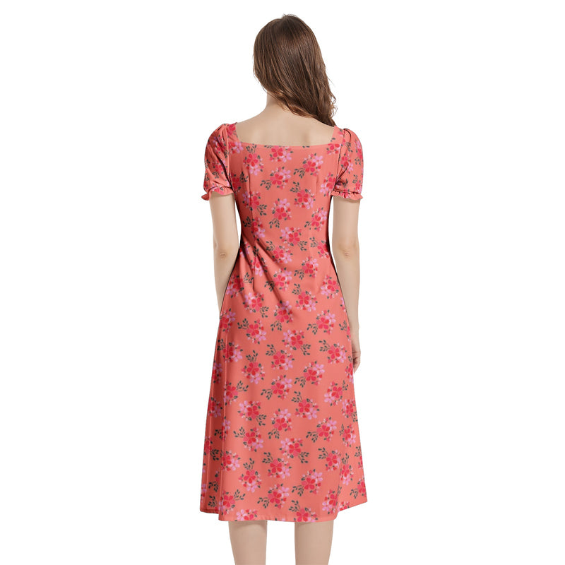 Water Floral Puff Sleeve Split Thigh Midi Dress - Objet D'Art