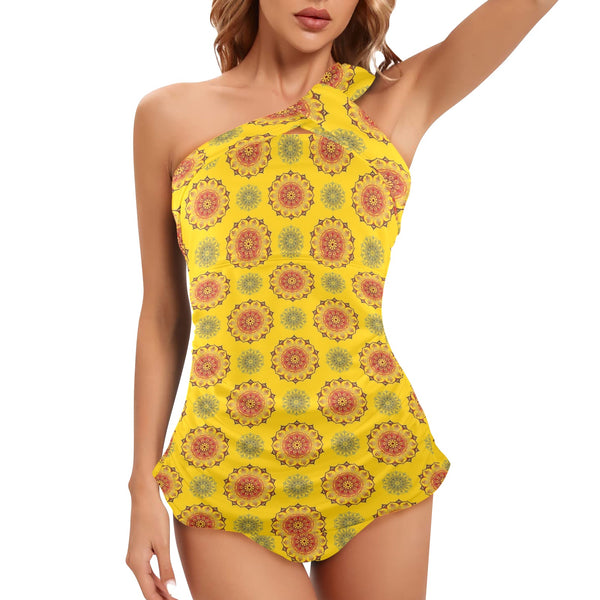 mandala gold print 3 Women's One Shoulder Backless Swimsuit (Model S44) - Objet D'Art