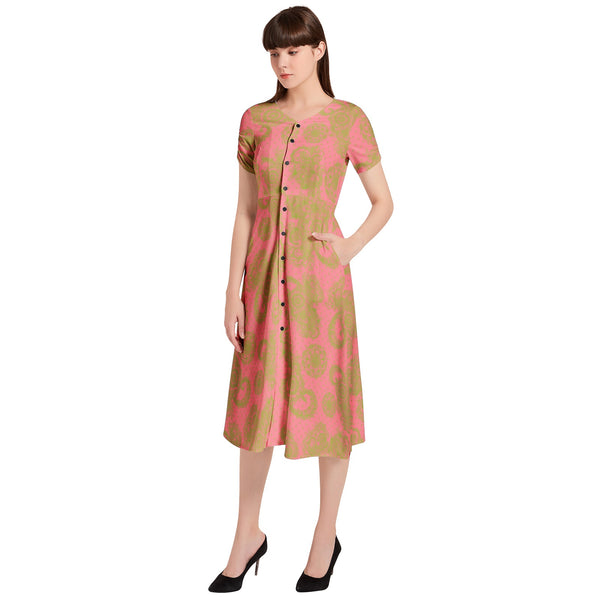 Dark Pink and Green Puff Sleeve Button Through Dress - Objet D'Art