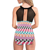 color geo print 7AA Women's High Neck Plunge Mesh Ruched Swimsuit (S43) - Objet D'Art