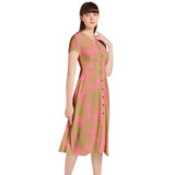 Dark Pink and Green Puff Sleeve Button Through Dress - Objet D'Art
