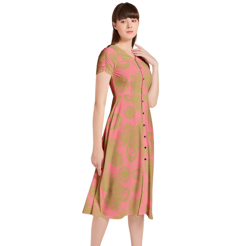 Dark Pink and Green Puff Sleeve Button Through Dress - Objet D'Art