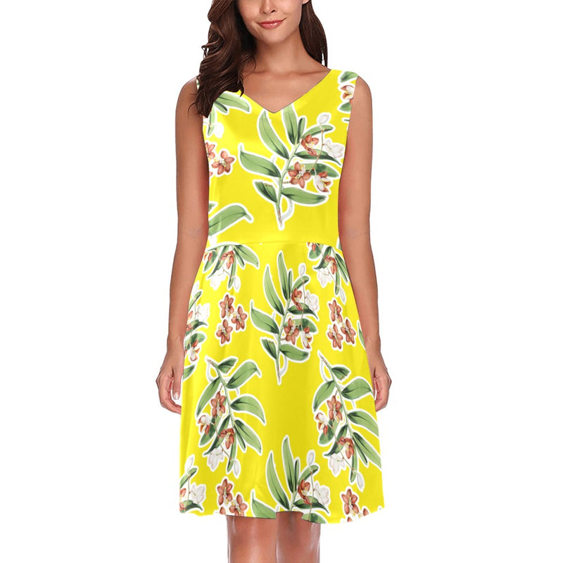 floral white stroke 9k Chryseis Sleeveless Pleated Dress(Model D07) - Objet D'Art