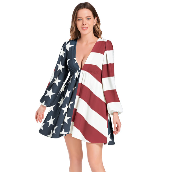 Americana Lantern Sleeve Deep V-Neck Short Dress - Objet D'Art