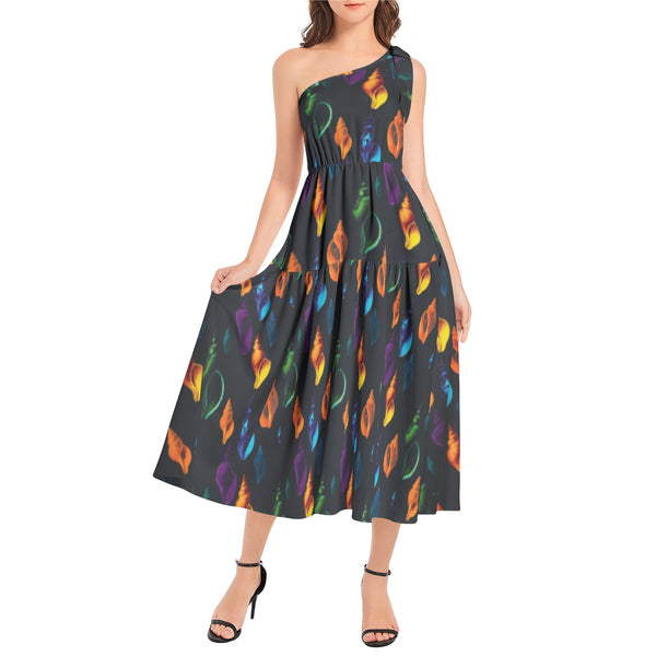Seashell Print Ruffle Hem One Shoulder Midi Dress - Objet D'Art
