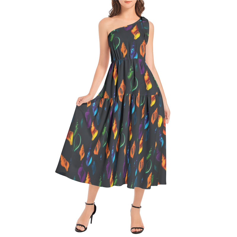 Seashell Print Ruffle Hem One Shoulder Midi Dress - Objet D'Art
