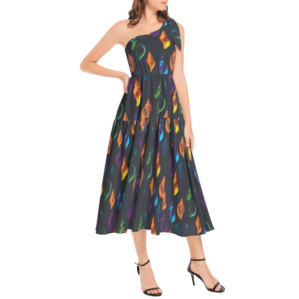 Seashell Print Ruffle Hem One Shoulder Midi Dress - Objet D'Art