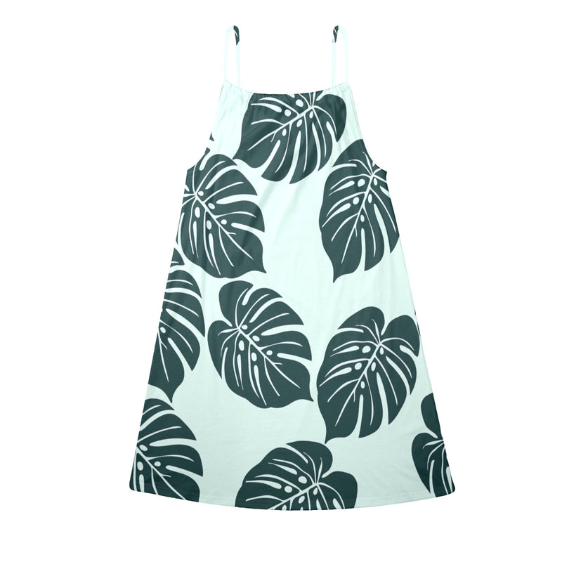 dark green light green background print Drawstring Neck Sleeveless Dress (Model D68) - Objet D'Art