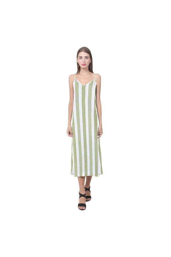 Pepper Green Vertical Striped V-Neck Open Fork Long Dress - Objet D'Art