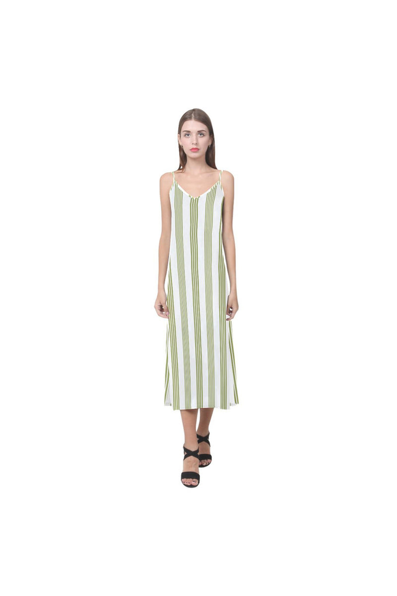Pepper Green Vertical Striped V-Neck Open Fork Long Dress - Objet D'Art