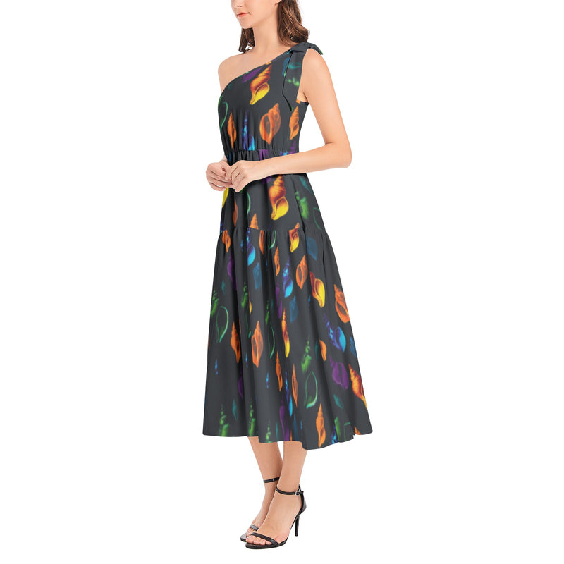 Seashell Print Ruffle Hem One Shoulder Midi Dress - Objet D'Art