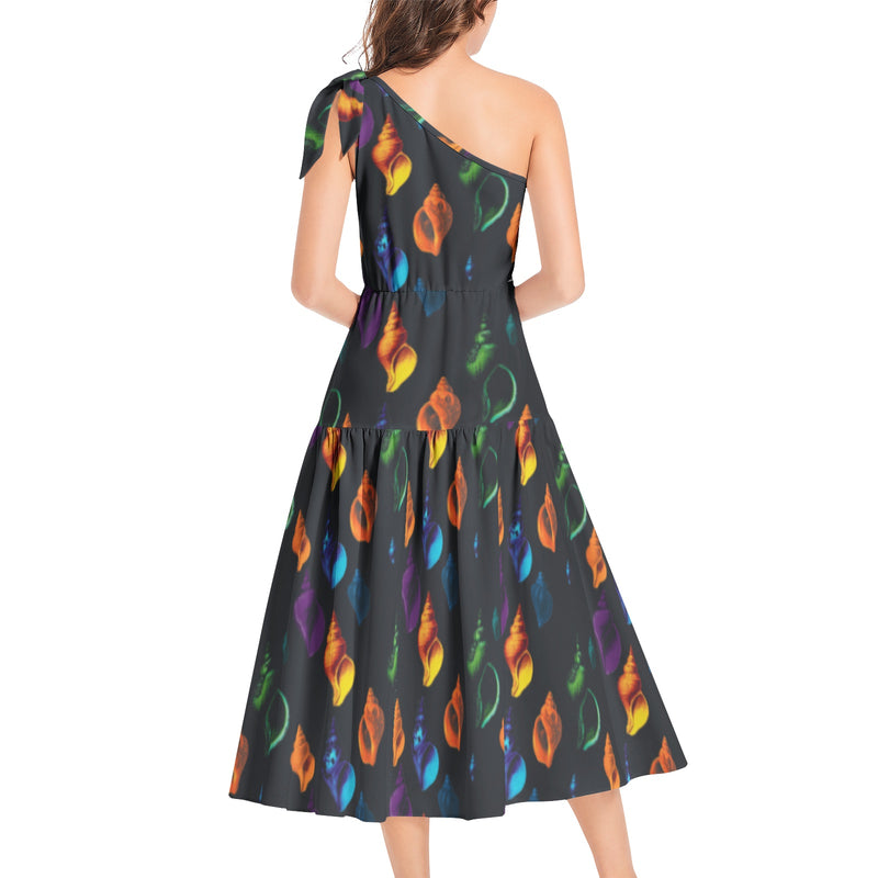 Seashell Print Ruffle Hem One Shoulder Midi Dress - Objet D'Art