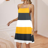 striped gold white black print Drawstring Neck Sleeveless Dress (Model D68) - Objet D'Art