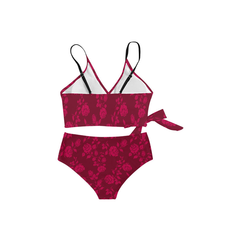 FB Roses in shades of burgundy print Knot Side Bikini Swimsuit (Model S37) - Objet D'Art