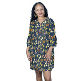 butterfly greek key print 2 Half Sleeves V-Neck Mini Dress (Model D63) - Objet D'Art