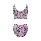 ROSE MULTICOLORED GRAY PINK PRINT 5 Chest Bowknot Bikini Swimsuit (Model S33) - Objet D'Art