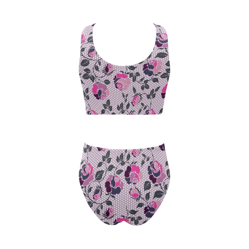 ROSE MULTICOLORED GRAY PINK PRINT 5 Chest Bowknot Bikini Swimsuit (Model S33) - Objet D'Art