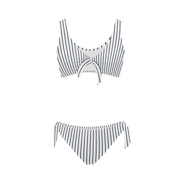 white dark blue striped print 2 Bow Tie Front Bikini Swimsuit (Model S38) - Objet D'Art