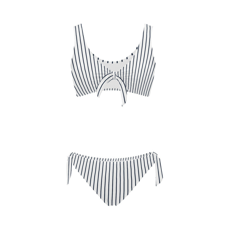 white dark blue striped print 2 Bow Tie Front Bikini Swimsuit (Model S38) - Objet D'Art