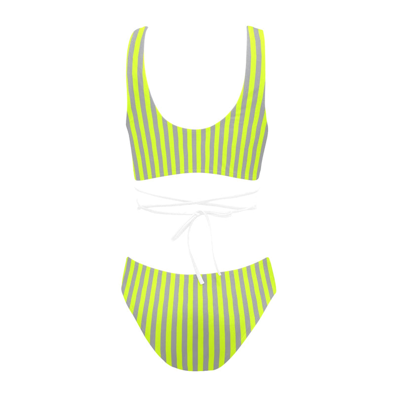 neon green striped Cross String Bikini Set (Model S29) - Objet D'Art