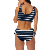 dk blue striped print 2 A B Bow Tie Front Bikini Swimsuit (Model S38) - Objet D'Art