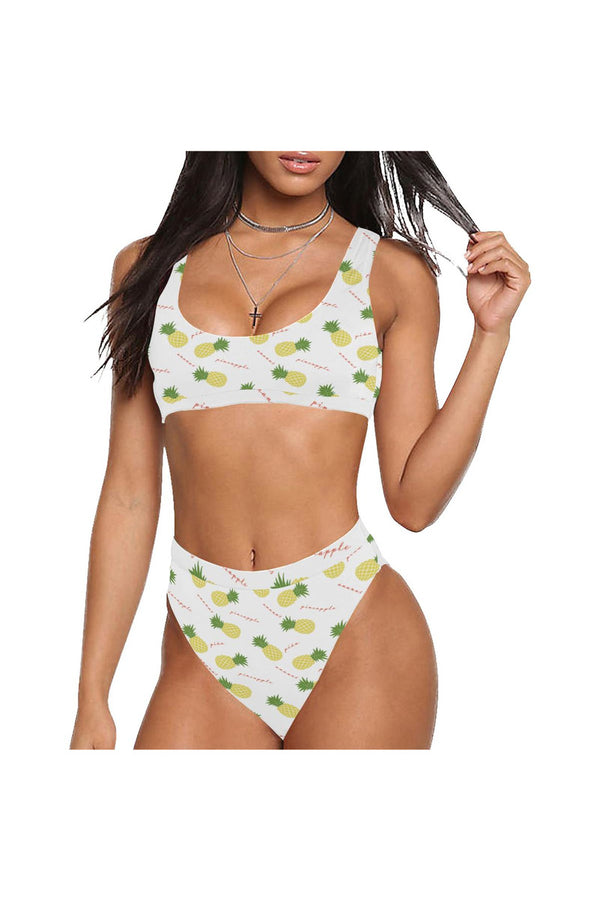 Pineapples on White Sport Top & High-Waisted Bikini Swimsuit - Objet D'Art