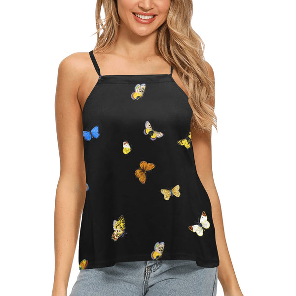 butterfly blue small print 3 Loose Fit Halter Neck Top (Model T68)
