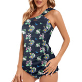 floral blue print 5 Women's One Shoulder Backless Swimsuit (Model S44) - Objet D'Art