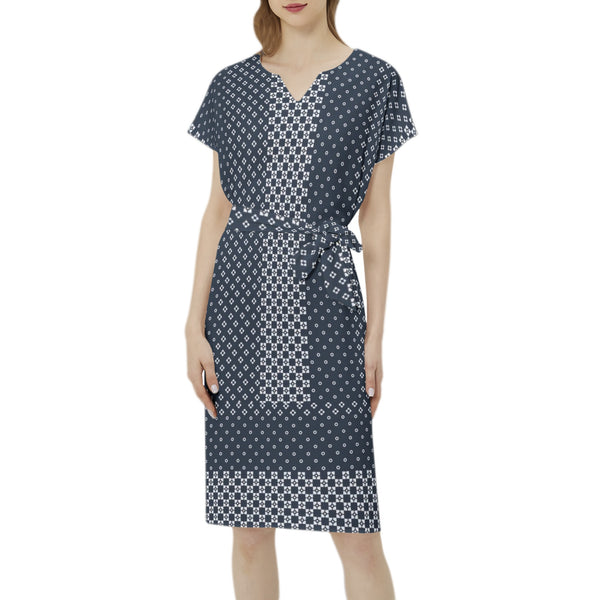 Batwing Sleeve Notch Neck Casual Dress with Belt - Objet D'Art