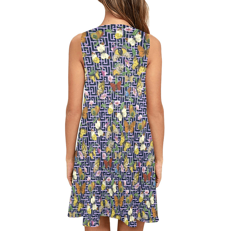 grk butterfly print 2 Sleeveless A-Line Pocket Dress (Model D57) - Objet D'Art