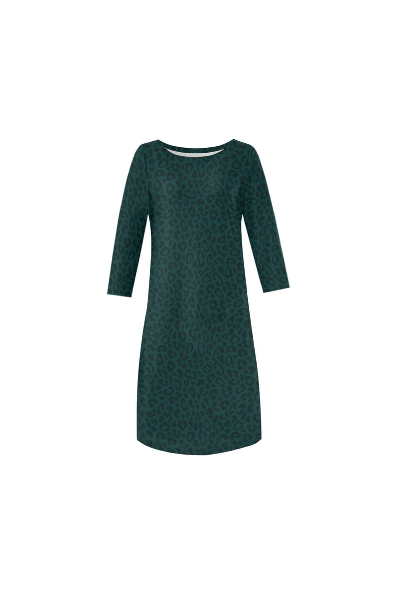 Storm Green Leopard Print Rhea Loose Round Neck Dress - Objet D'Art