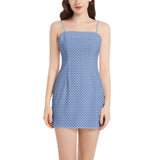 Delft Blue Tile ArtSleeveless Square Neckline Spaghetti Strap Mini Dress - Objet D'Art