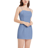 Delft Blue Tile ArtSleeveless Square Neckline Spaghetti Strap Mini Dress - Objet D'Art