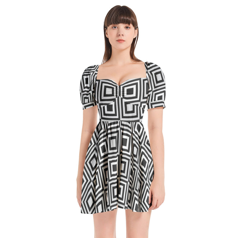 Black and  White Puff Sleeve Sweetheart Neck Short Dress - Objet D'Art