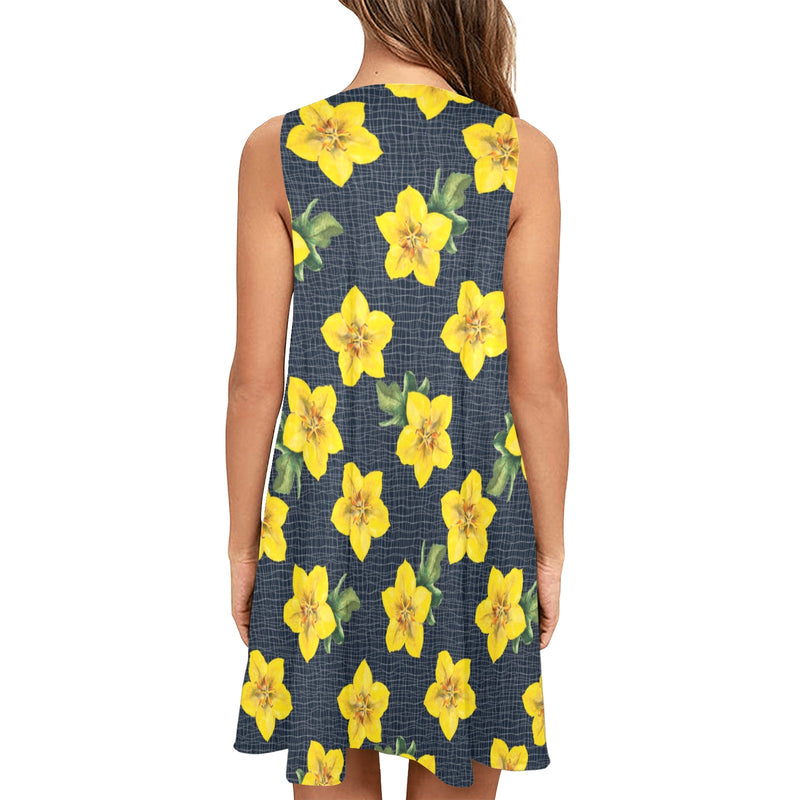 yellow floral pattern print Sleeveless A-Line Pocket Dress (Model D57) - Objet D'Art