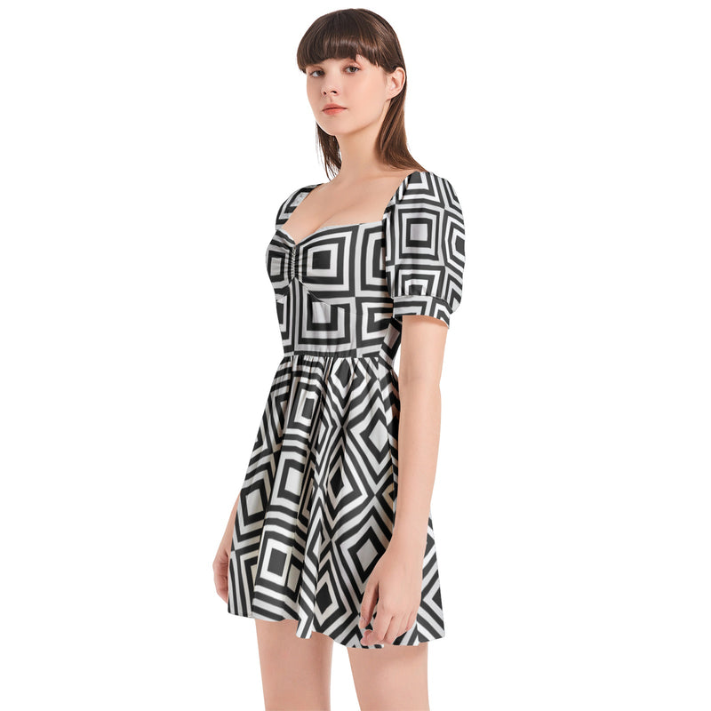 Black and  White Puff Sleeve Sweetheart Neck Short Dress - Objet D'Art