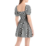 Black and  White Puff Sleeve Sweetheart Neck Short Dress - Objet D'Art