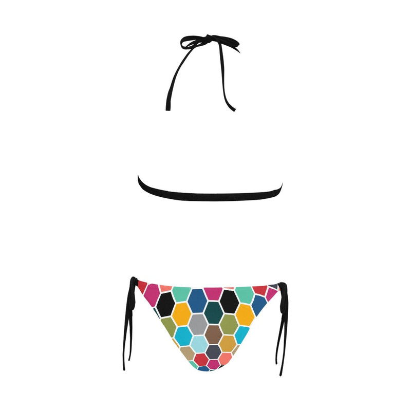 color hex print 2 Buckle Front Halter Bikini Swimsuit (Model S08) - Objet D'Art