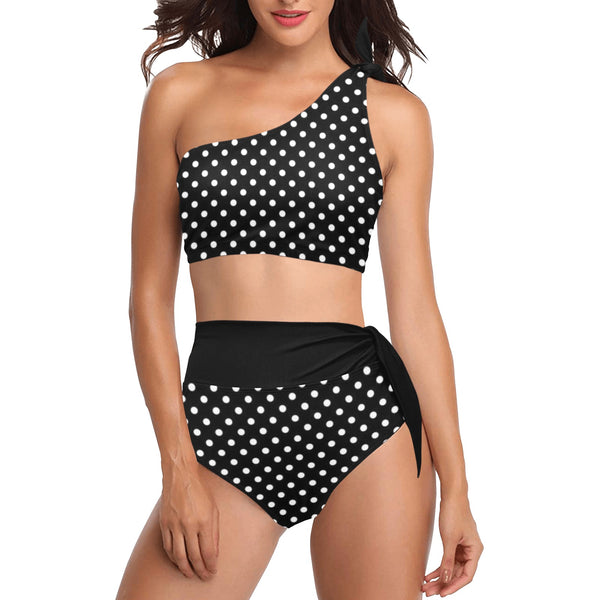 black solid print skirt High Waisted One Shoulder Bikini Set (Model S16) - Objet D'Art