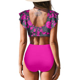 fuchsia print solid Women's Ruffle Sleeve Bikini Swimsuit (Model S42) - Objet D'Art